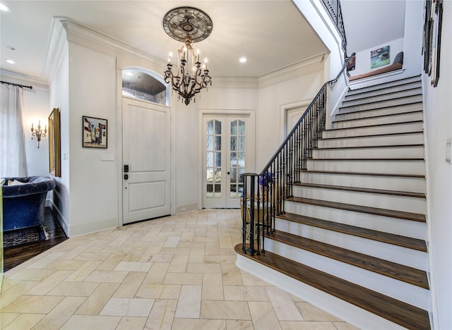 3702 Blue Bonnet, Houston, TX 77025 - entrance foyer with stairs, a chandelier, baseboards, french doors, and ornamental molding