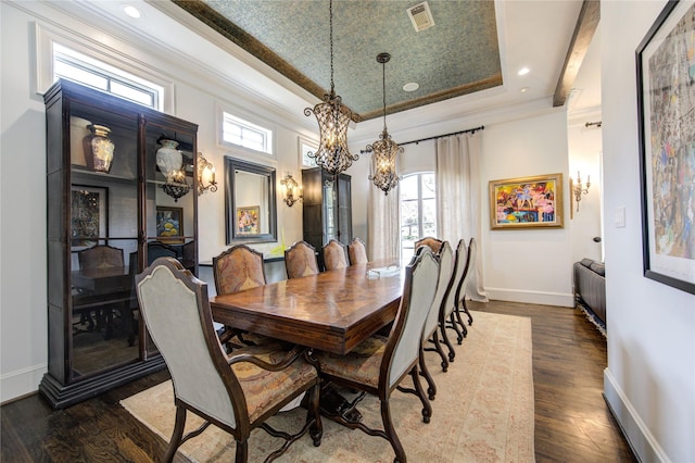 3702 Blue Bonnet, Houston, TX 77025 - dining room with a raised ceiling, ornamental molding, a chandelier, baseboards, and plenty of natural light