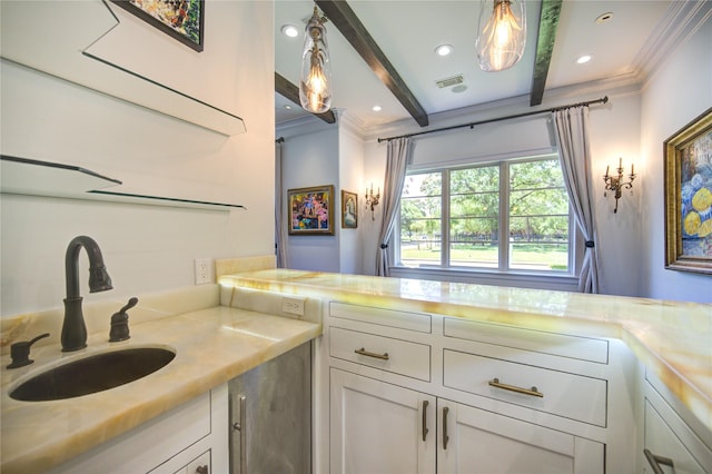 3702 Blue Bonnet, Houston, TX 77025 - bathroom featuring beamed ceiling, ornamental molding, recessed lighting, and vanity