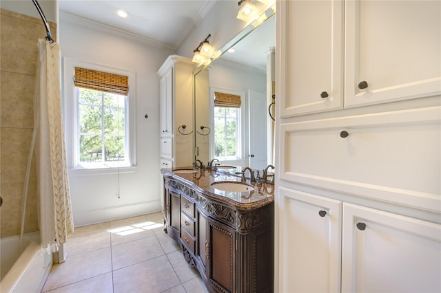 3702 Blue Bonnet, Houston, TX 77025 - bathroom featuring ornamental molding, healthy amount of natural light, tile patterned floors, double vanity, and shower / bath combination with curtain