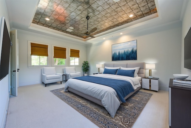 3702 Blue Bonnet, Houston, TX 77025 - bedroom with a tray ceiling, ornamental molding, light carpet, and baseboards