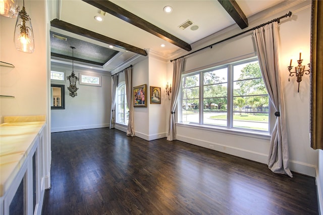 3702 Blue Bonnet, Houston, TX 77025 - unfurnished living room featuring dark wood-style floors, beamed ceiling, baseboards, ornamental molding, and recessed lighting