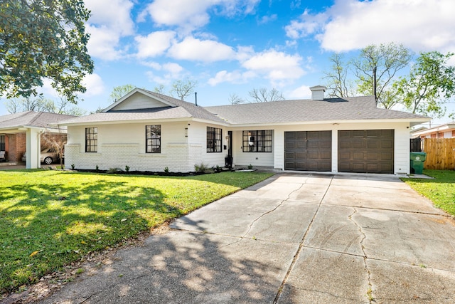 single story home featuring fence, an attached garage, brick siding, a front lawn, and driveway