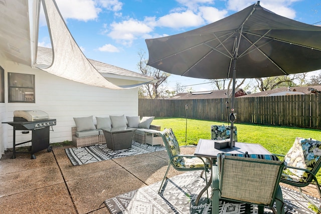 view of patio / terrace featuring outdoor lounge area, fence, outdoor dining area, and grilling area