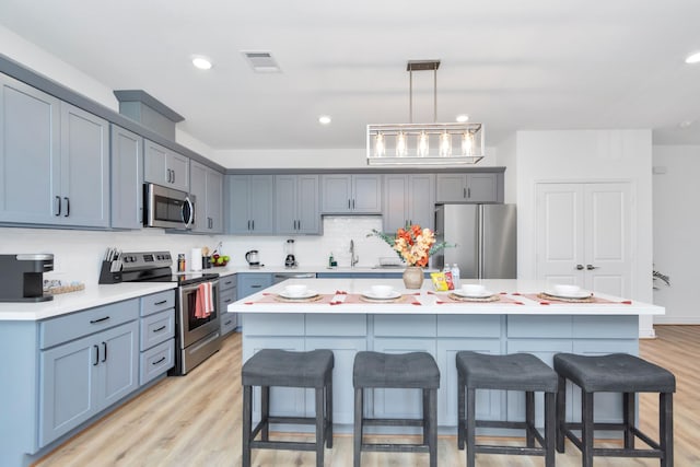 kitchen with visible vents, light wood-style flooring, a breakfast bar, appliances with stainless steel finishes, and backsplash