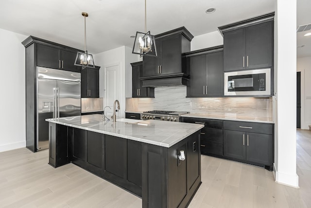 kitchen featuring dark cabinetry, a sink, tasteful backsplash, and built in appliances