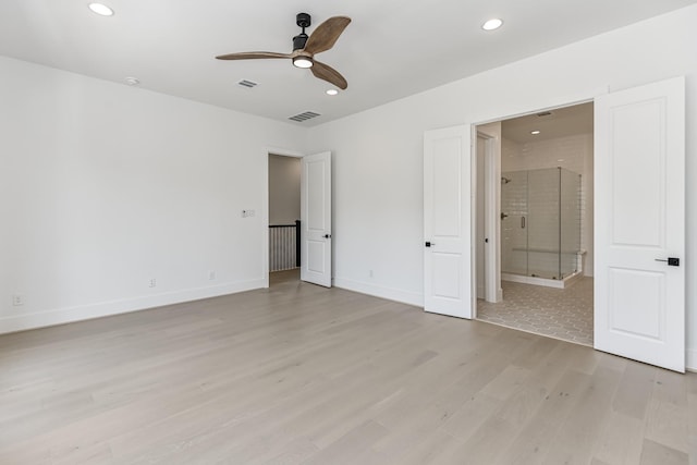 unfurnished bedroom with baseboards, visible vents, recessed lighting, and light wood finished floors