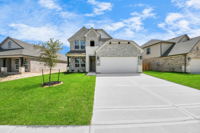 12018 Maple Oak Dr, Houston, TX 77066 - view of front facade with concrete driveway, a front yard, brick siding, a garage, and stone siding