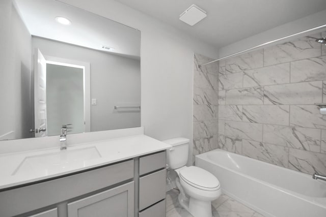 12018 Maple Oak Dr, Houston, TX 77066 - bathroom with marble look tile flooring, vanity, shower / bathtub combination, and recessed lighting