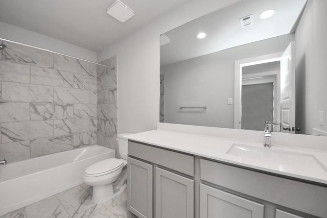 12018 Maple Oak Dr, Houston, TX 77066 - full bath with shower / bathtub combination, marble finish flooring, vanity, and recessed lighting