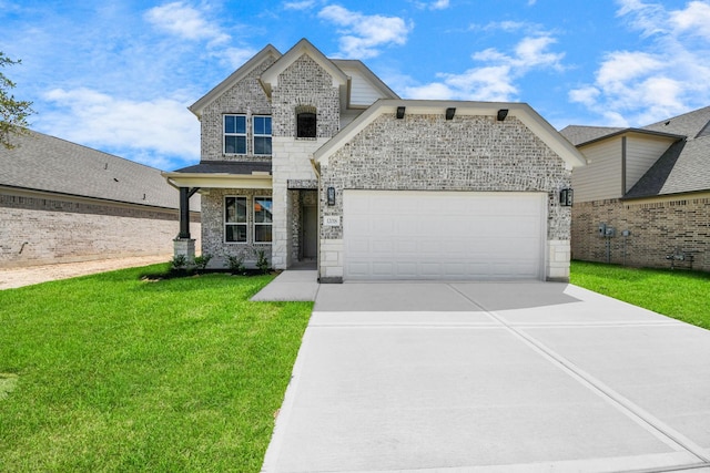 12018 Maple Oak Dr, Houston, TX 77066 - view of front of house with driveway, stone siding, a front yard, a garage, and brick siding
