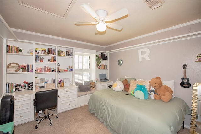 bedroom featuring ornamental molding, light colored carpet, an office area, and ceiling fan