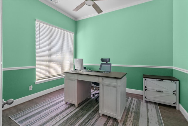 4831 Dove Cove Ln, League City, TX 77573 - home office with crown molding, baseboards, visible vents, ceiling fan, and wood finished floors