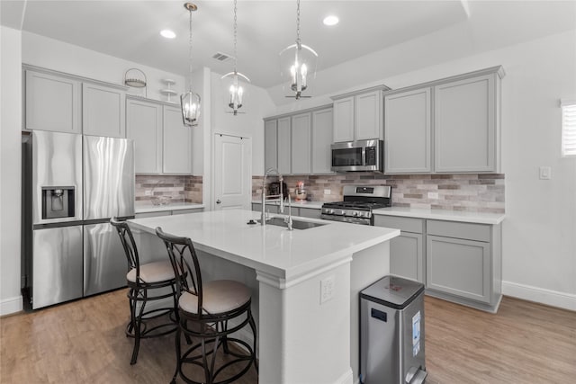 4831 Dove Cove Ln, League City, TX 77573 - kitchen with a center island with sink, stainless steel appliances, gray cabinetry, and visible vents