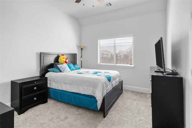 4831 Dove Cove Ln, League City, TX 77573 - bedroom featuring visible vents, baseboards, a ceiling fan, vaulted ceiling, and light colored carpet