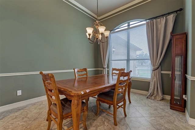 dining area with baseboards, light tile patterned floors, crown molding, and a notable chandelier