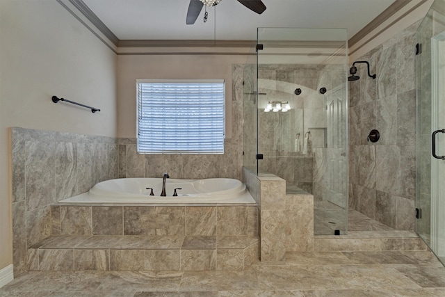 full bathroom featuring a bath, ornamental molding, a ceiling fan, and a shower stall