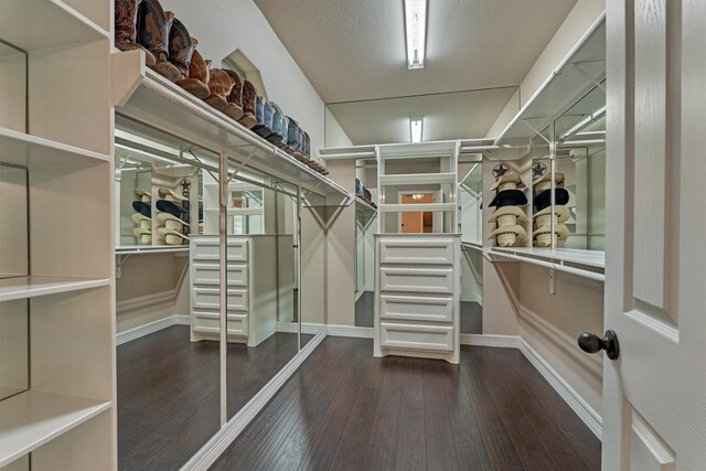 walk in closet with dark wood-style floors