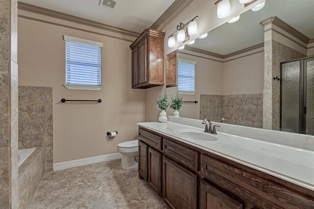 bathroom featuring visible vents, crown molding, a tile shower, toilet, and vanity