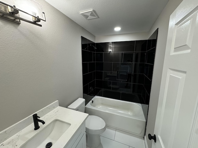 9805 Fabiola Dr, Houston, TX 77075 - bathroom featuring toilet, vanity, shower / bathtub combination, a textured ceiling, and visible vents