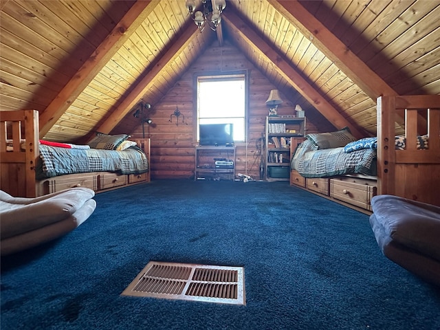 carpeted bedroom featuring vaulted ceiling with beams, visible vents, and wooden ceiling