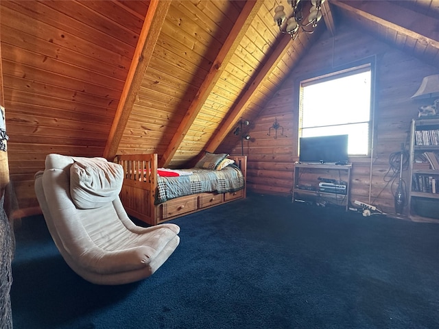 carpeted bedroom with wood ceiling, vaulted ceiling with beams, and rustic walls