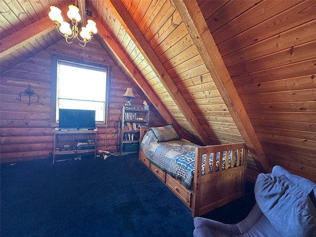 carpeted bedroom featuring an inviting chandelier, wood ceiling, lofted ceiling with beams, and log walls