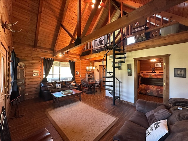 living area with a notable chandelier, wood ceiling, stairway, wood finished floors, and beamed ceiling