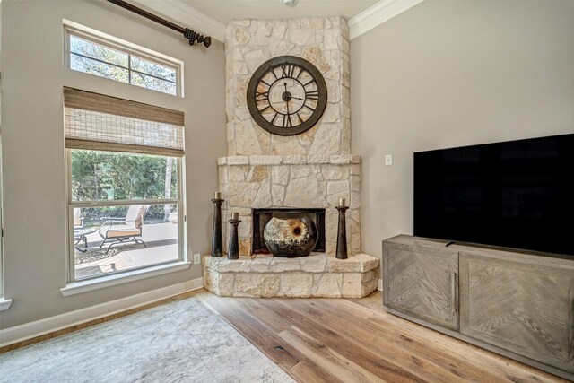 living area featuring plenty of natural light, a stone fireplace, wood finished floors, and ornamental molding
