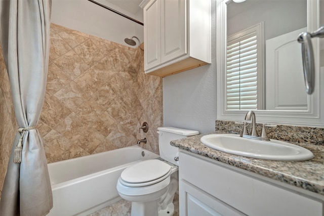 bathroom featuring shower / bathtub combination with curtain, toilet, and vanity