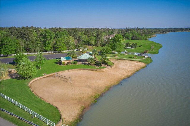 bird's eye view with a water view and a view of trees