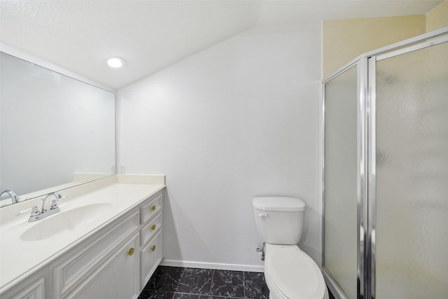 bathroom with baseboards, a stall shower, toilet, vanity, and marble look tile flooring