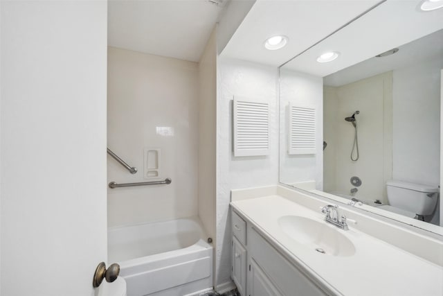 full bathroom with shower / bath combination, vanity, toilet, and recessed lighting