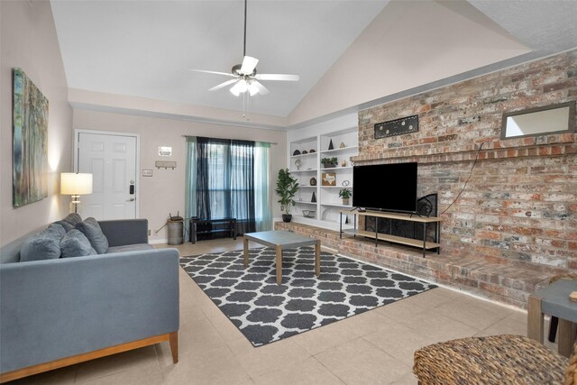 4006 Blalock Rd, Houston, TX 77080 - living area featuring a ceiling fan, built in features, tile patterned flooring, and high vaulted ceiling
