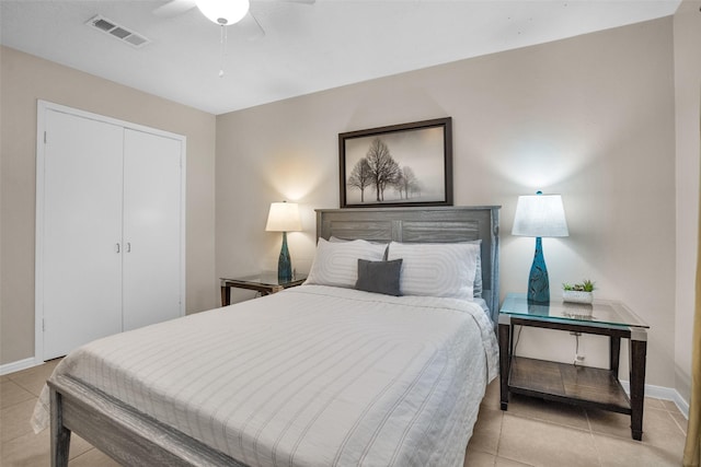 4006 Blalock Rd, Houston, TX 77080 - bedroom featuring baseboards, visible vents, a closet, ceiling fan, and light tile patterned floors