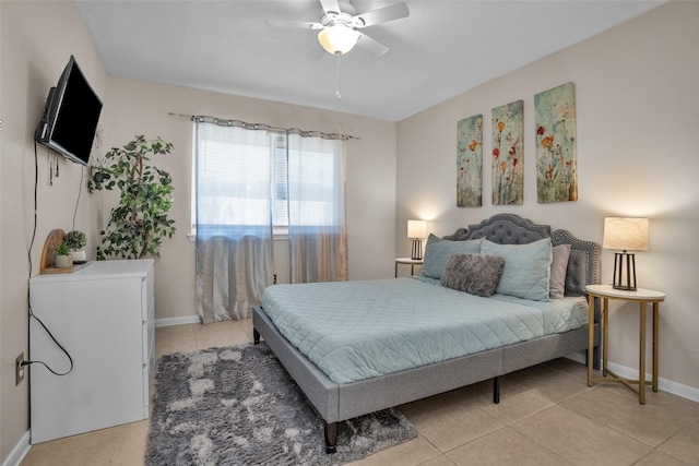 4006 Blalock Rd, Houston, TX 77080 - bedroom with ceiling fan, baseboards, and light tile patterned floors