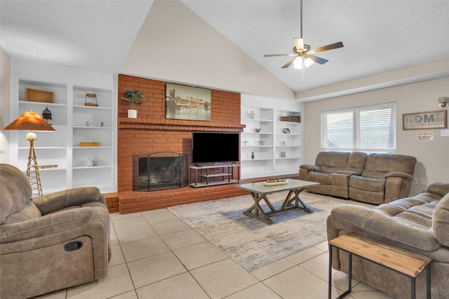 4006 Blalock Rd, Houston, TX 77080 - living room featuring a ceiling fan, a textured ceiling, built in shelves, and light tile patterned flooring