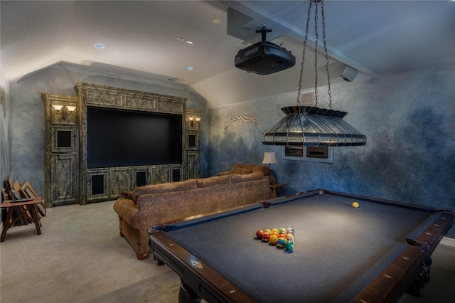98 Victoria Dr W, Montgomery, TX 77356 - rec room with lofted ceiling, carpet flooring, and billiards