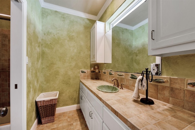 1306 Outrigger, Tiki Island, TX 77554 - full bath featuring ornamental molding, vanity, baseboards, and tasteful backsplash