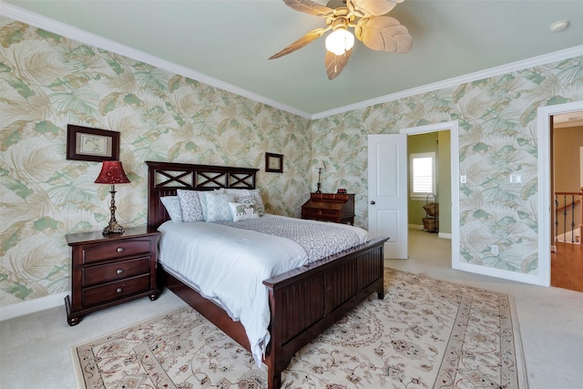 1306 Outrigger, Tiki Island, TX 77554 - carpeted bedroom with ornamental molding, wallpapered walls, a ceiling fan, and baseboards