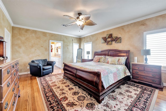 1306 Outrigger, Tiki Island, TX 77554 - bedroom with multiple windows, light wood-style floors, crown molding, baseboards, and ceiling fan
