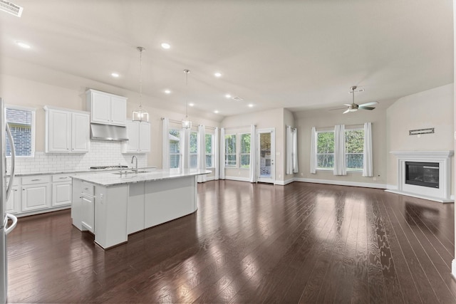 kitchen featuring tasteful backsplash, visible vents, open floor plan, a ceiling fan, and under cabinet range hood