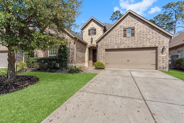 view of front of property with brick siding, a front yard, a garage, and concrete driveway