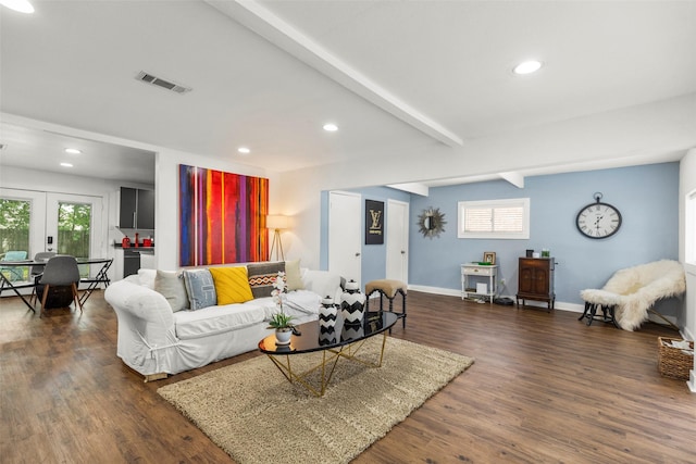 5808 Community Dr, Houston, TX 77005 - living area with visible vents, beamed ceiling, baseboards, recessed lighting, and dark wood-type flooring