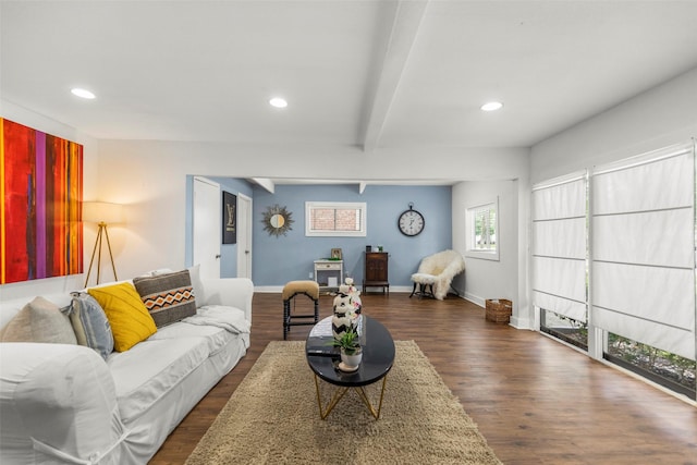 5808 Community Dr, Houston, TX 77005 - living area featuring dark wood-type flooring, baseboards, recessed lighting, and beamed ceiling