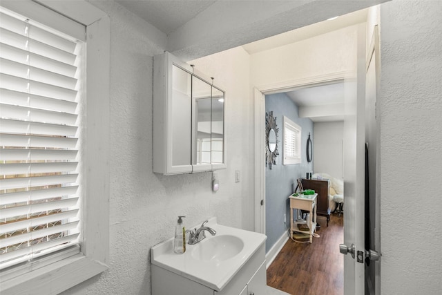 5808 Community Dr, Houston, TX 77005 - bathroom with wood finished floors, vanity, and a textured wall