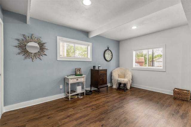 5808 Community Dr, Houston, TX 77005 - sitting room featuring baseboards, wood finished floors, recessed lighting, and beamed ceiling