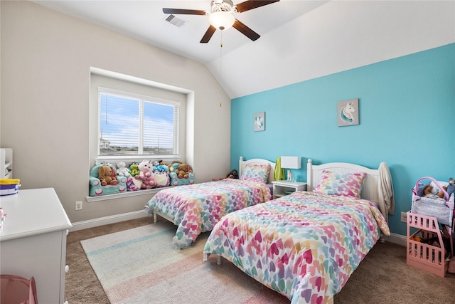 carpeted bedroom with visible vents, baseboards, a ceiling fan, and vaulted ceiling