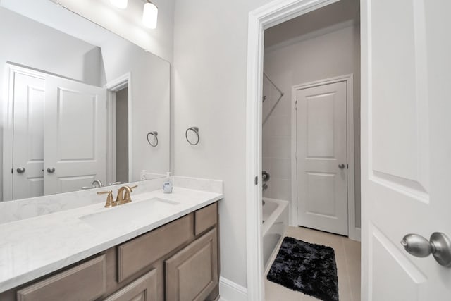 bathroom with shower / bathing tub combination, tile patterned floors, and vanity