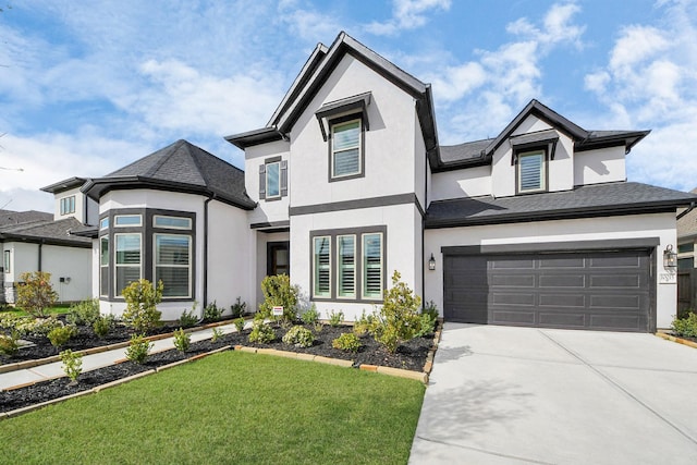 view of front of house with a garage, concrete driveway, stucco siding, and a front lawn
